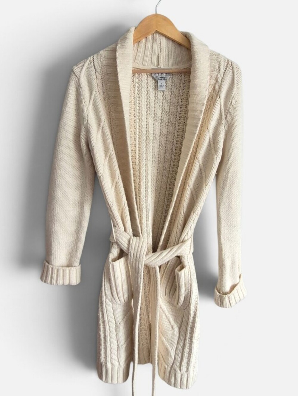 Talbots Cream Alpaca Merino Wool Blend Cable Knit Belted Cardigan Robe Sweater